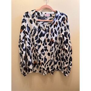 C+D+M Black and White Leopard Print Bell Sleeve Boho Top Size Small